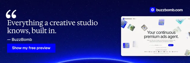 X header for BuzzBomb: "Everything a creative studio knows, built in." Swiss style, quote layout, dark palette in blue, white.
