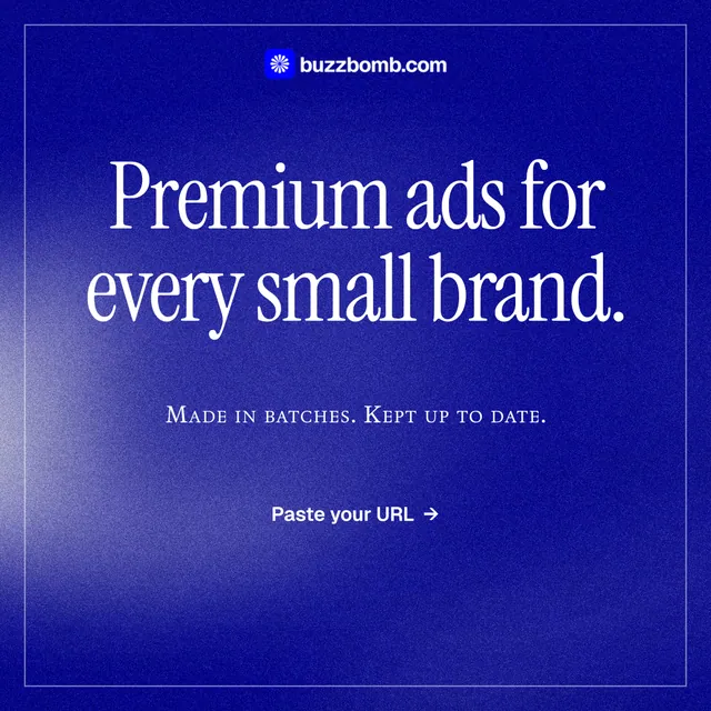 Instagram post for BuzzBomb: "Premium ads for every small brand." Editorial style, smallcaps layout, dark palette in blue.
