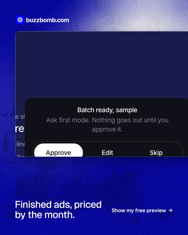 Instagram portrait post for BuzzBomb: "Finished ads, priced by the month." Cyanotype style, image led layout, dark palette in blue.
