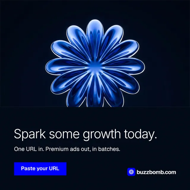 Instagram post for BuzzBomb: "Spark some growth today." Swiss style, bottom layout, dark palette in black, blue.