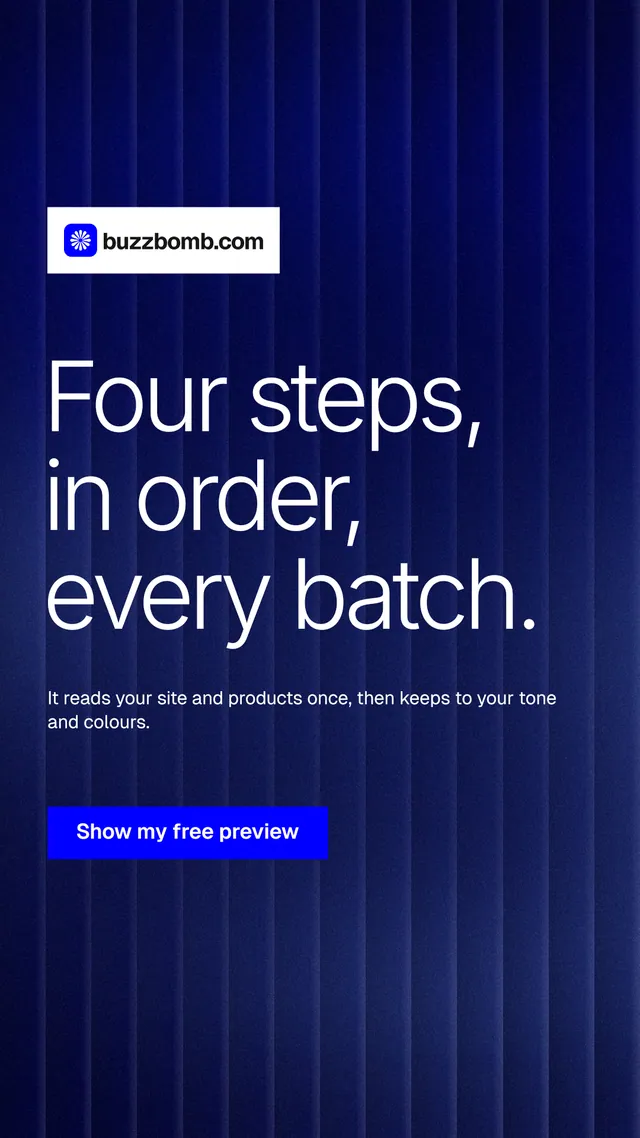 Instagram story for BuzzBomb: "Four steps, in order, every batch." Swiss style, announce layout, dark palette in blue.