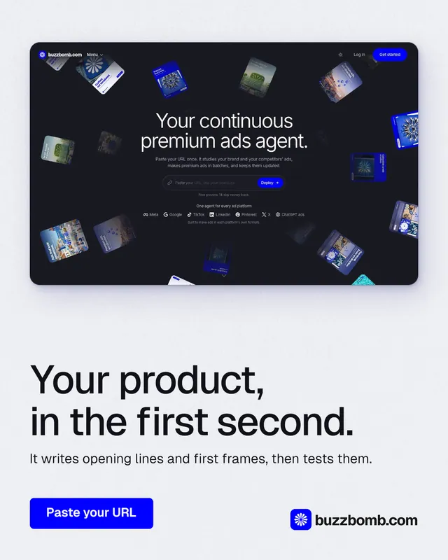 Instagram portrait post for BuzzBomb: "Your product, in the first second." Data card style, bottom layout, light palette in blue, white, grey.