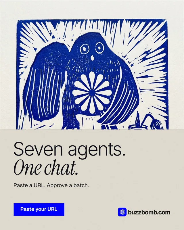 Instagram portrait post for BuzzBomb: "Seven agents. One chat." Swiss style, bottom layout, light palette in yellow, blue, white.