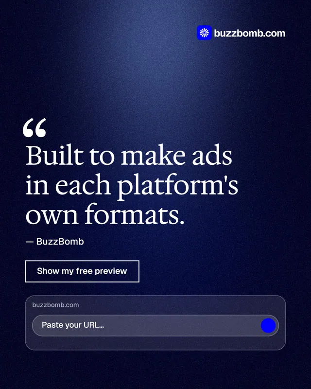 Instagram portrait post for BuzzBomb: "Built to make ads in each platform's own formats." Dark deco style, quote layout, dark palette in black, blue.
