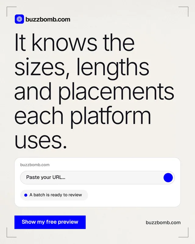 Instagram portrait post for BuzzBomb: "It knows the sizes, lengths and placements each platform uses." Swiss style, poster layout, light palette in white, grey.