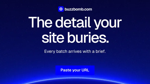 Landscape graphic for BuzzBomb: "The detail your site buries." Swiss style, centred layout, dark palette in blue.