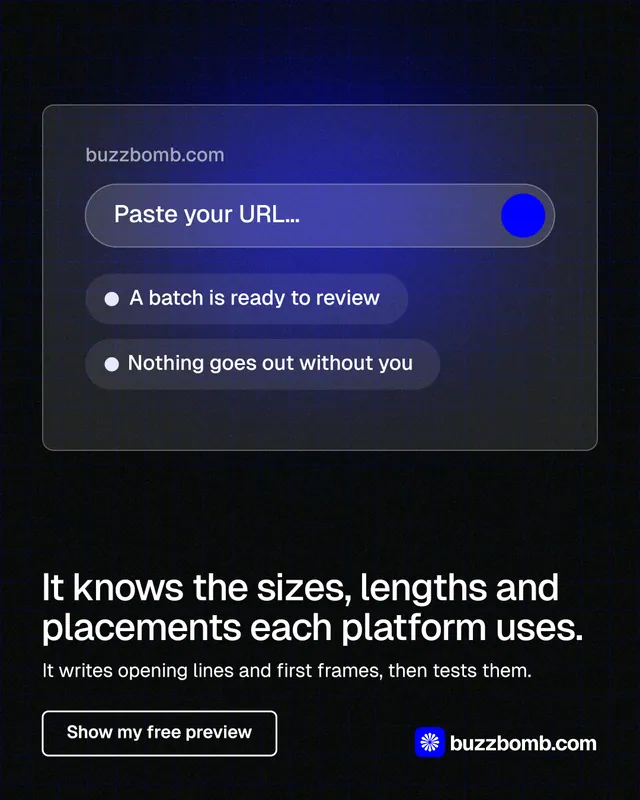 Instagram portrait post for BuzzBomb: "It knows the sizes, lengths and placements each platform uses." Phosphor atlas style, bottom layout, dark palette in blue, black.