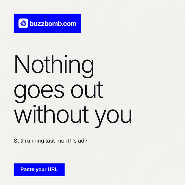 Instagram post for BuzzBomb: "Nothing goes out without you". Swiss style, announce layout, light palette in white, blue.