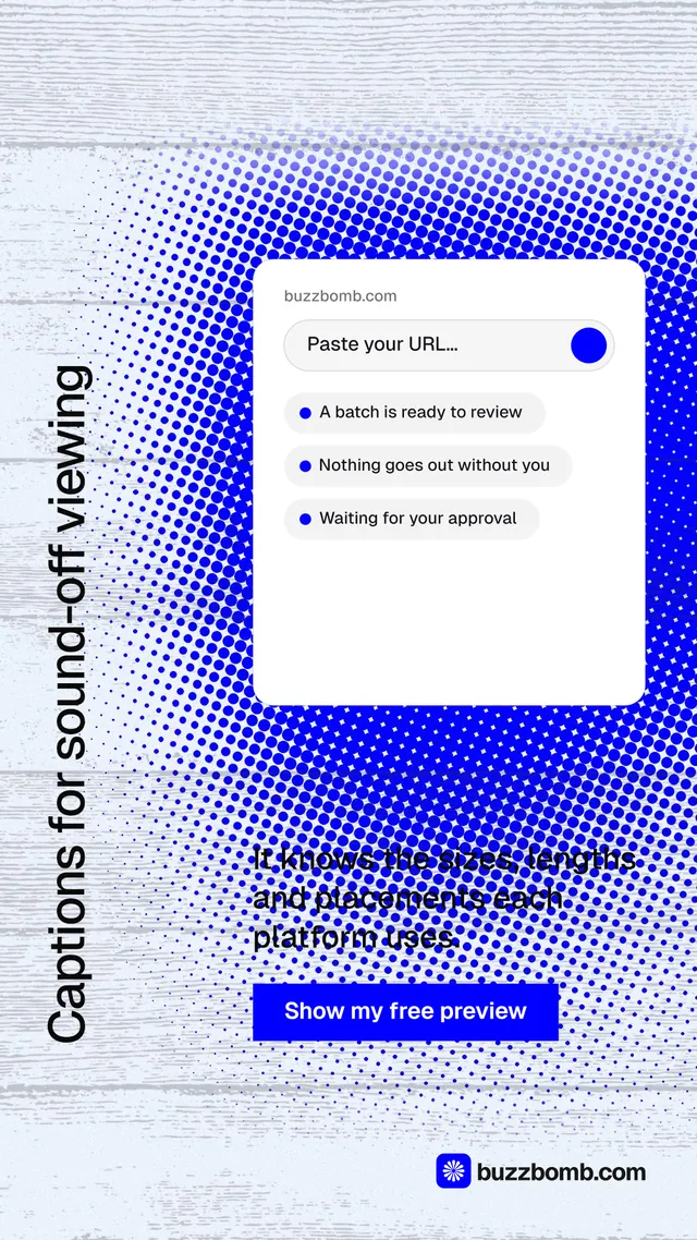 Instagram story for BuzzBomb: "Captions for sound-off viewing". Swiss style, vertical layout, light palette in blue, white.