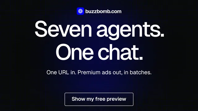 Landscape graphic for BuzzBomb: "Seven agents. One chat." Phosphor atlas style, centred layout, dark palette in black, grey.
