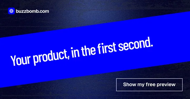 Social ad for BuzzBomb: "Your product, in the first second." Dark deco style, diagonal layout, dark palette in blue.