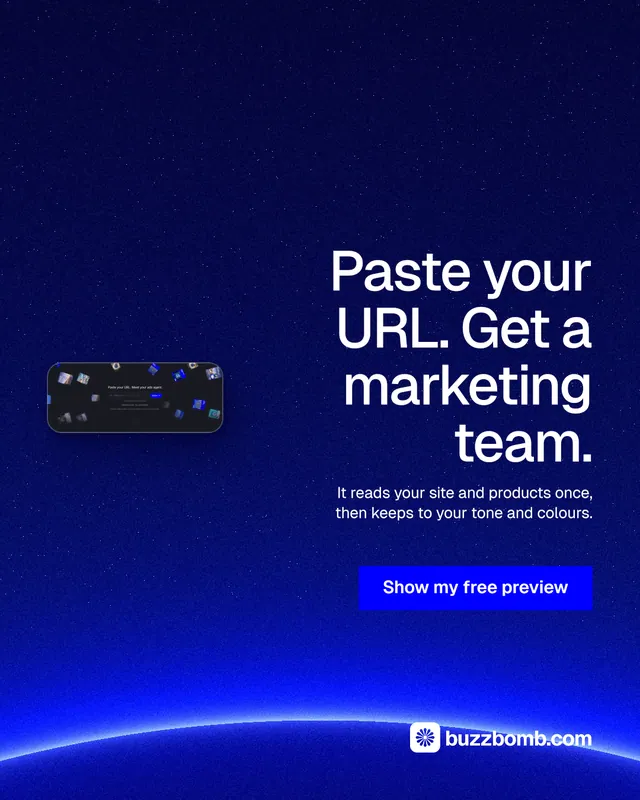 Instagram portrait post for BuzzBomb: "Paste your URL. Get a marketing team." Swiss style, right layout, dark palette in blue.