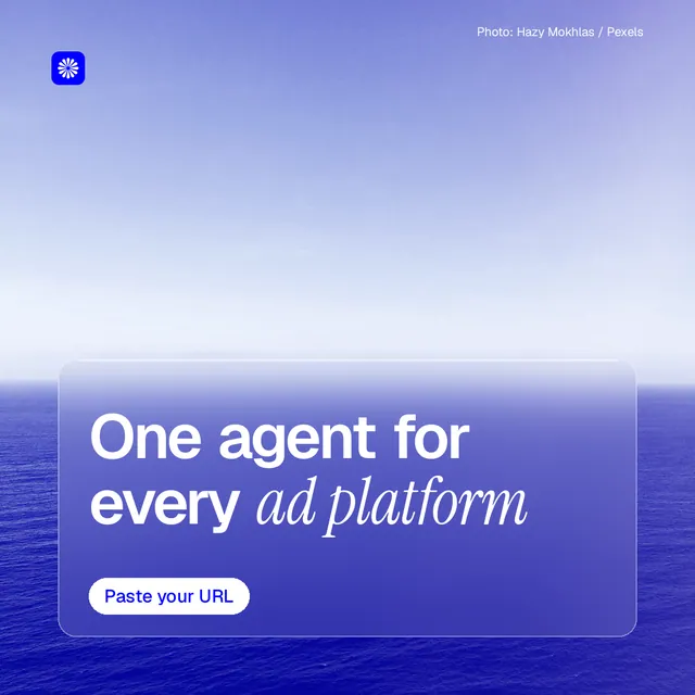 Instagram post for BuzzBomb: "One agent for every ad platform". Glass style, technique:pexels ingredient layout, light palette in blue, white.