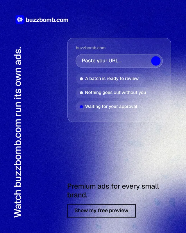 Instagram portrait post for BuzzBomb: "Watch buzzbomb.com run its own ads." Cyanotype style, vertical layout, dark palette in blue.