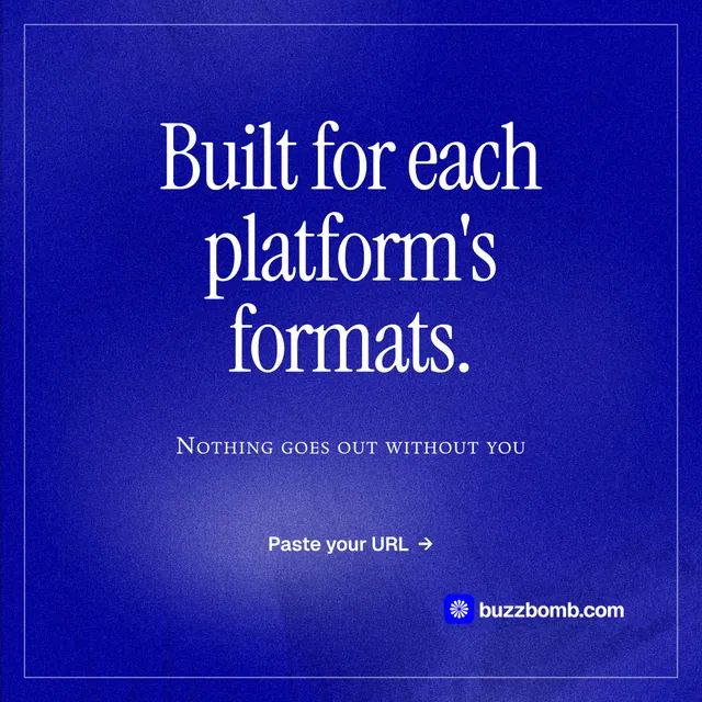Instagram post for BuzzBomb: "Built for each platform's formats." Editorial style, smallcaps layout, dark palette in blue.