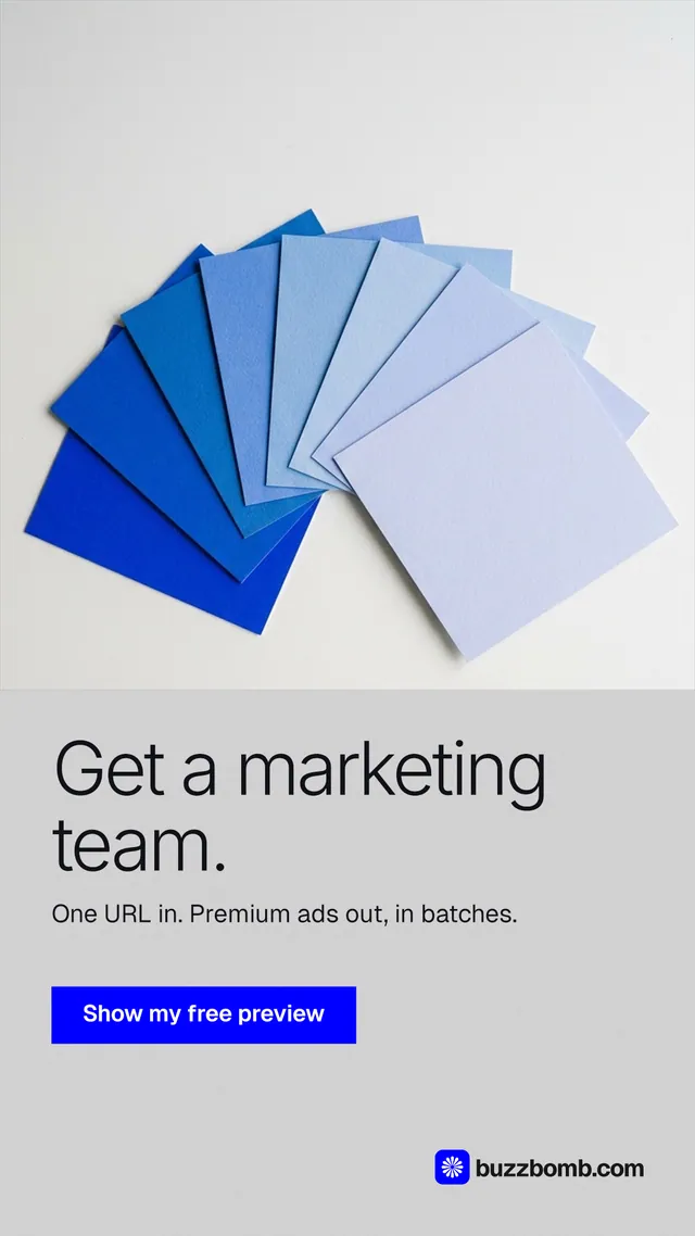Instagram story for BuzzBomb: "Get a marketing team." Swiss style, bottom layout, light palette in white, blue.