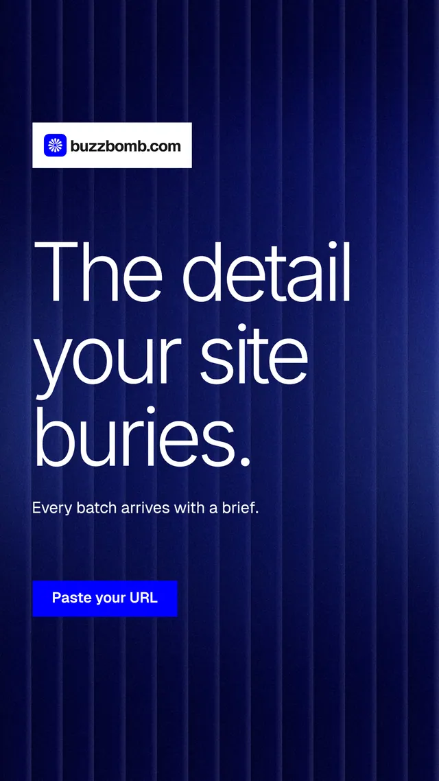 Instagram story for BuzzBomb: "The detail your site buries." Swiss style, announce layout, dark palette in black, blue.