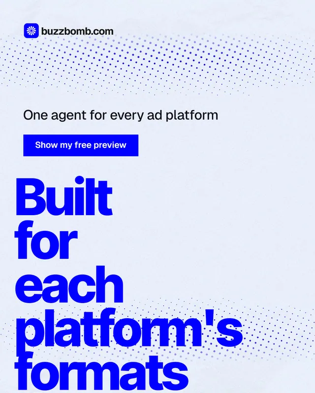 Instagram portrait post for BuzzBomb: "Built for each platform's formats." Swiss style, oversized layout, light palette in white, blue.