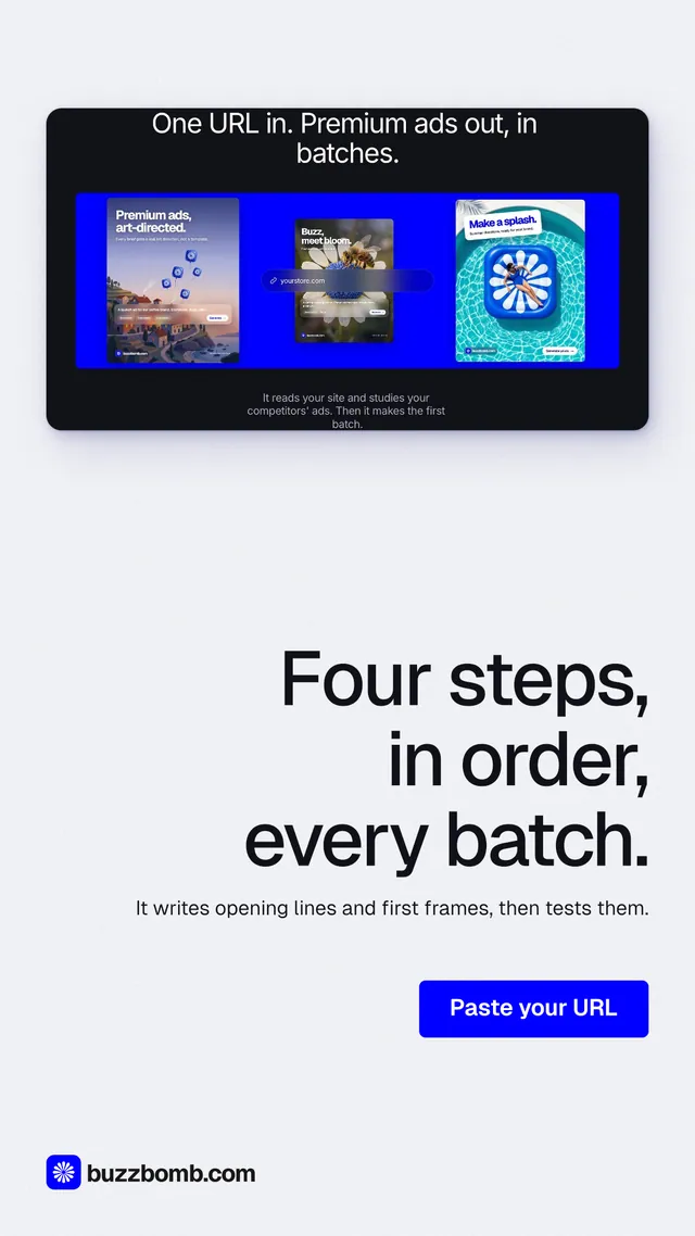 Instagram story for BuzzBomb: "Four steps, in order, every batch." Data card style, right layout, light palette in white, blue, grey.