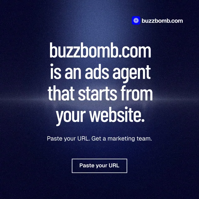 Instagram post for BuzzBomb: "buzzbomb.com is an ads agent that starts from your website." Dark deco style, centred layout, dark palette in black, blue, grey.