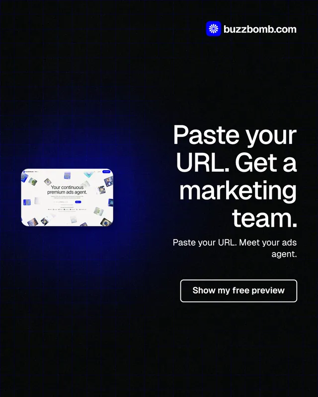 Instagram portrait post for BuzzBomb: "Paste your URL. Get a marketing team." Phosphor atlas style, right layout, dark palette in black, grey.