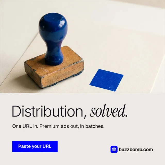 Instagram post for BuzzBomb: "Distribution, solved." Swiss style, bottom layout, light palette in white, orange, grey.