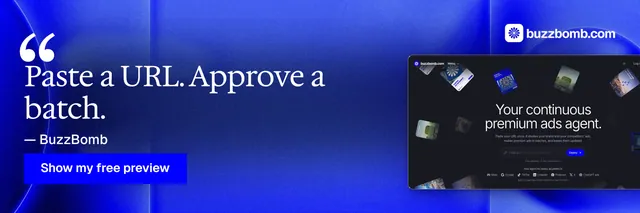 X header for BuzzBomb: "Paste a URL. Approve a batch." Swiss style, quote layout, dark palette in blue.