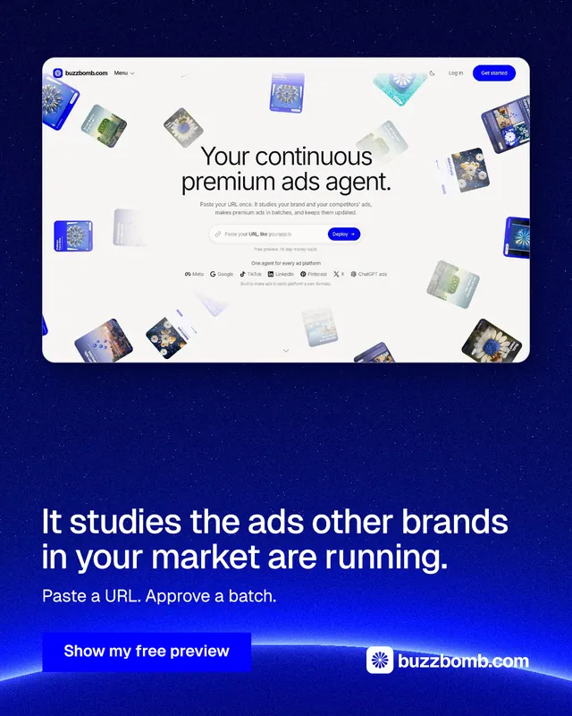Instagram portrait post for BuzzBomb: "It studies the ads other brands in your market are running." Swiss style, bottom layout, dark palette in white, blue.
