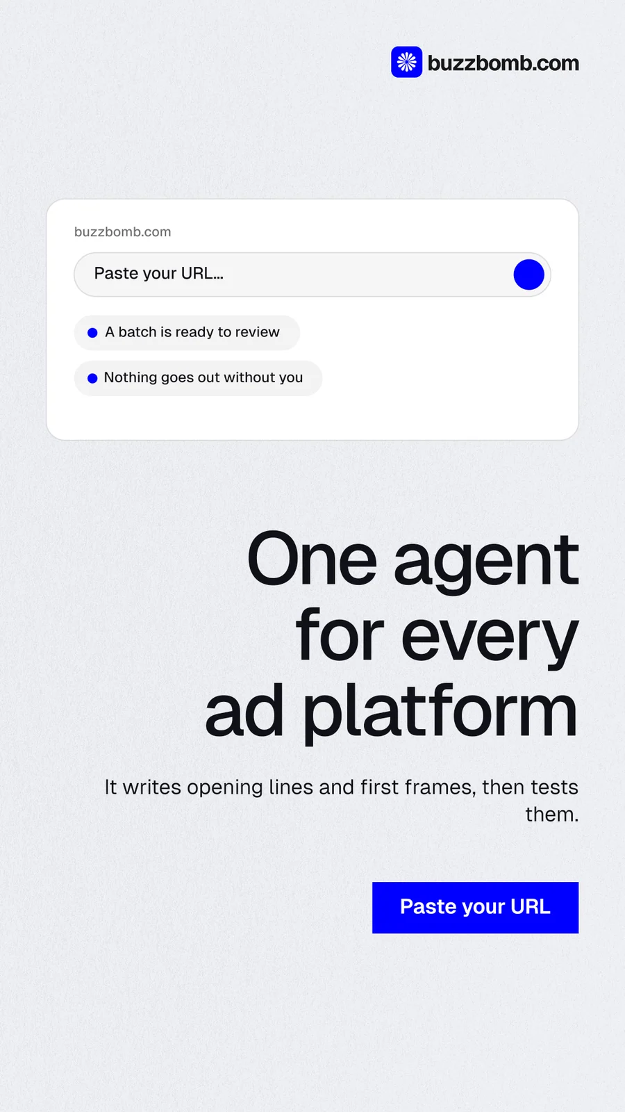 Instagram story for BuzzBomb: "One agent for every ad platform". Swiss style, right layout, light palette in white, blue.