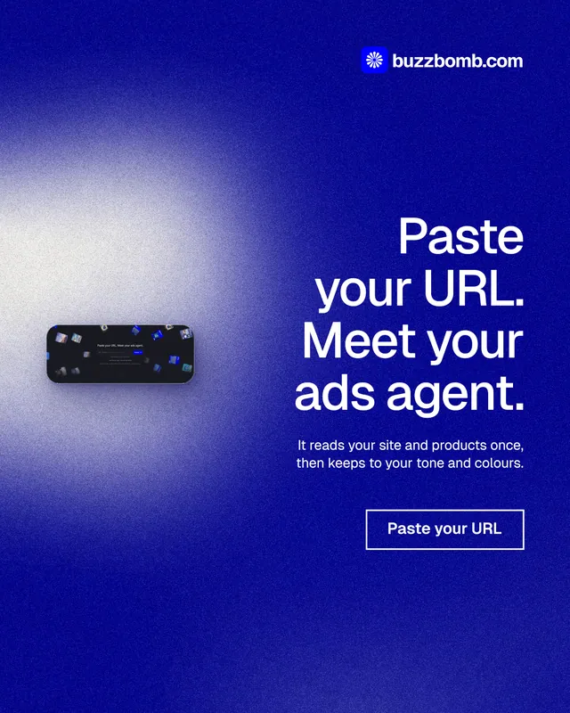 Instagram portrait post for BuzzBomb: "Paste your URL. Meet your ads agent." Cyanotype style, right layout, dark palette in blue.