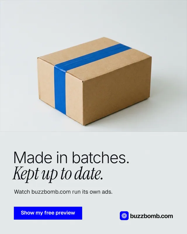 Instagram portrait post for BuzzBomb: "Made in batches. Kept up to date." Swiss style, bottom layout, light palette in white, grey.
