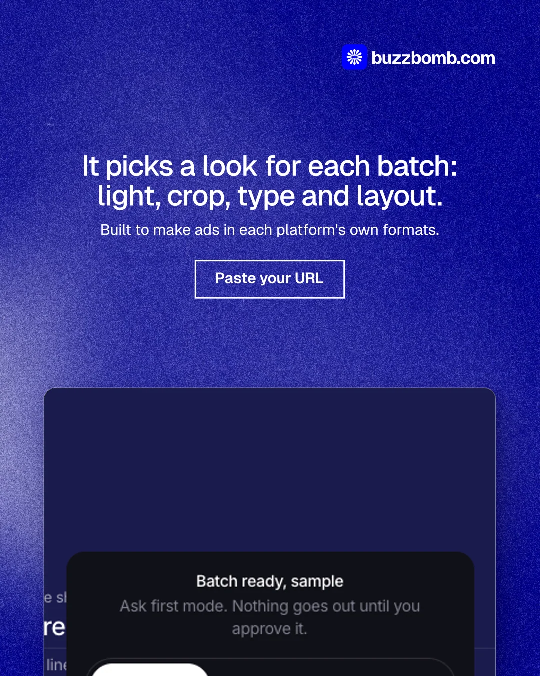 Instagram portrait post for BuzzBomb: "It picks a look for each batch: light, crop, type and layout." Cyanotype style, centred layout, dark palette in blue.