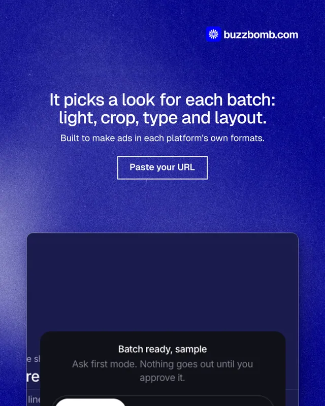 Instagram portrait post for BuzzBomb: "It picks a look for each batch: light, crop, type and layout." Cyanotype style, centred layout, dark palette in blue.