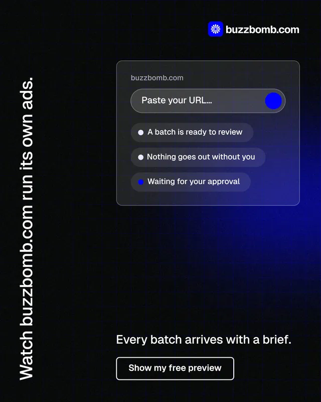 Instagram portrait post for BuzzBomb: "Watch buzzbomb.com run its own ads." Phosphor atlas style, vertical layout, dark palette in black, blue, grey.