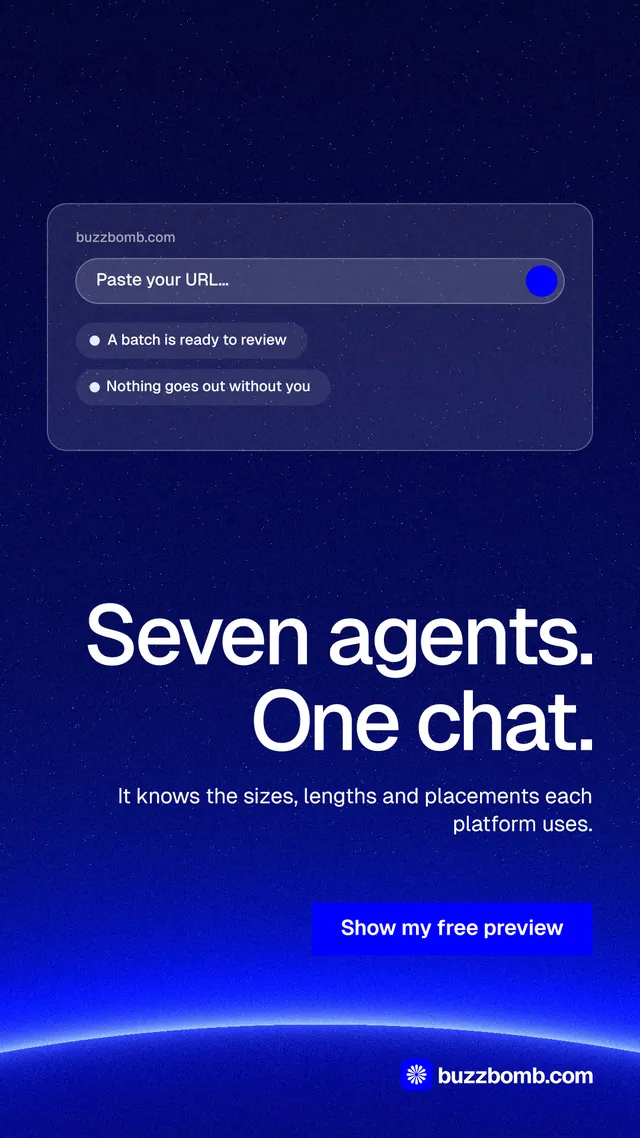 Instagram story for BuzzBomb: "Seven agents. One chat." Swiss style, right layout, dark palette in blue.