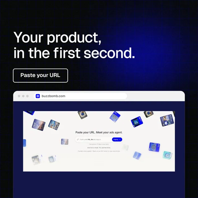 Instagram post for BuzzBomb: "Your product, in the first second." Phosphor atlas style, browser layout, dark palette in blue, black, white.