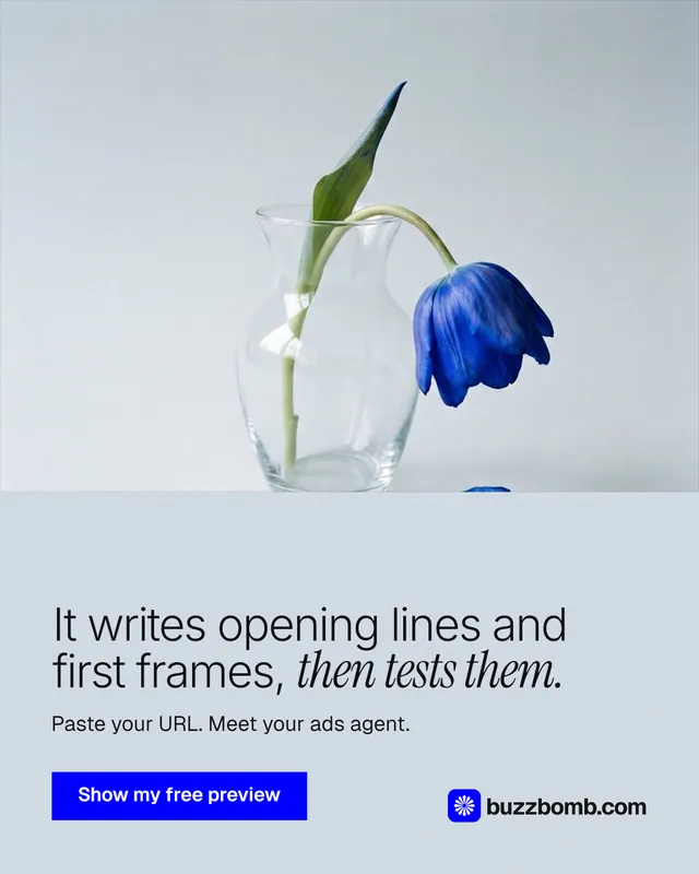 Instagram portrait post for BuzzBomb: "It writes opening lines and first frames, then tests them." Swiss style, bottom layout, light palette in white, blue.
