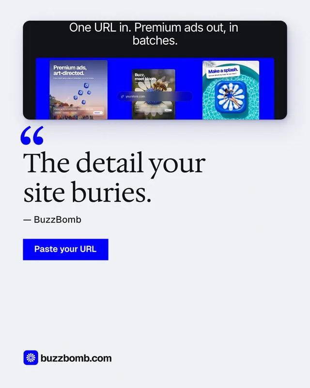 Instagram portrait post for BuzzBomb: "The detail your site buries." Swiss style, quote layout, light palette in white, blue.