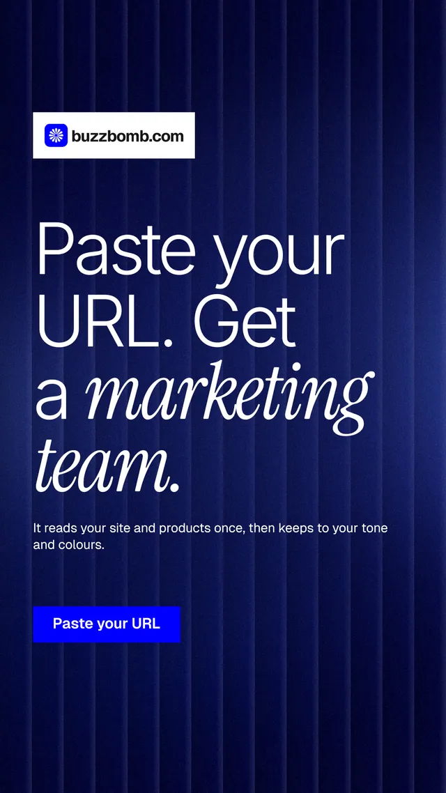 Instagram story for BuzzBomb: "Paste your URL. Get a marketing team." Swiss style, announce layout, dark palette in blue, black.