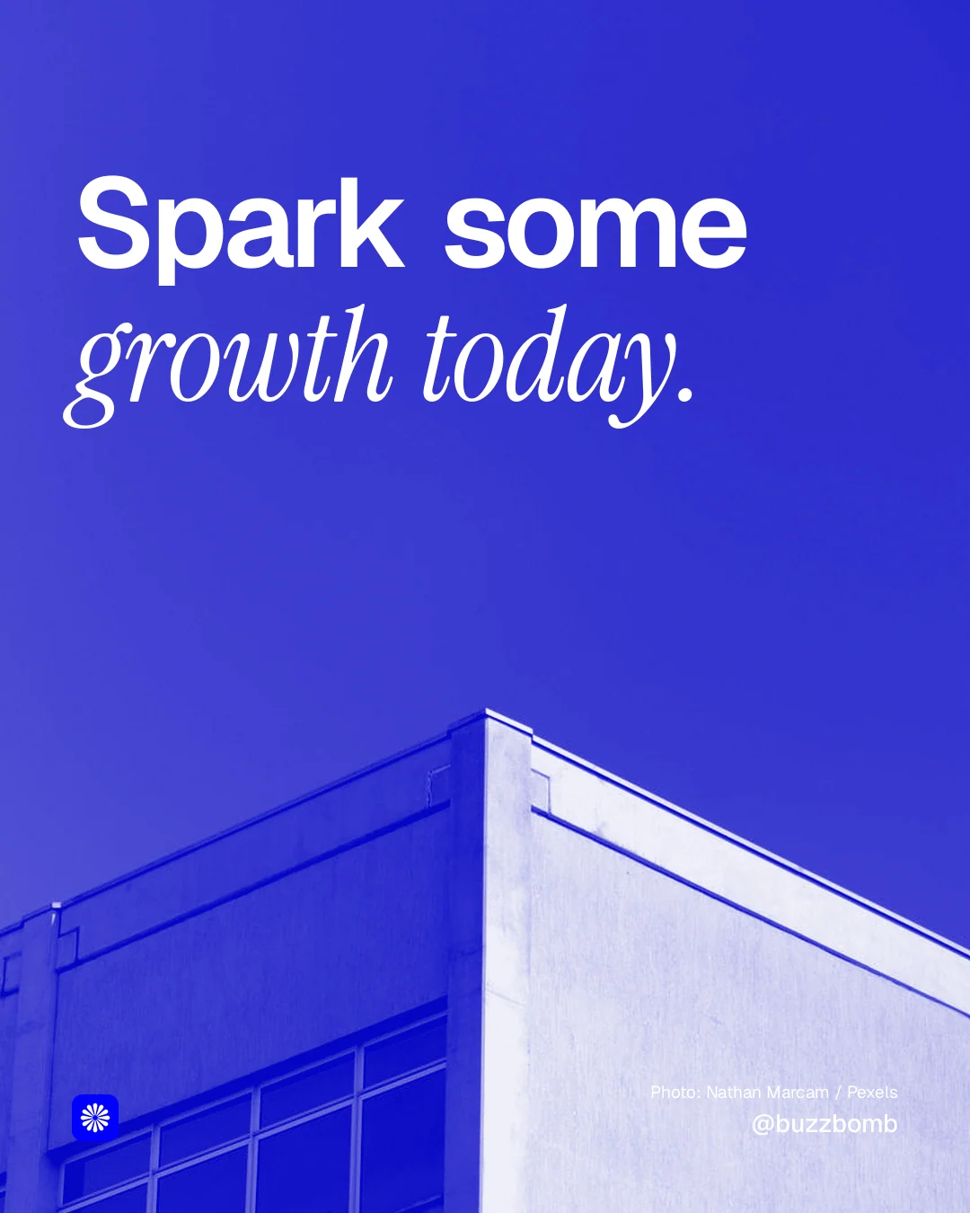 Instagram portrait post for BuzzBomb: "Spark some growth today." Duotone style, technique:pexels ingredient layout, dark palette in blue.