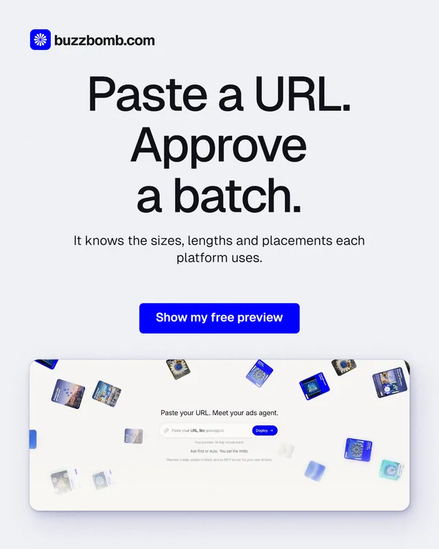 Instagram portrait post for BuzzBomb: "Paste a URL. Approve a batch." Data card style, centred layout, light palette in white, blue.