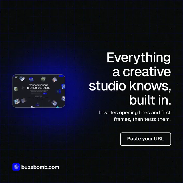 Instagram post for BuzzBomb: "Everything a creative studio knows, built in." Phosphor atlas style, right layout, dark palette in black, grey.
