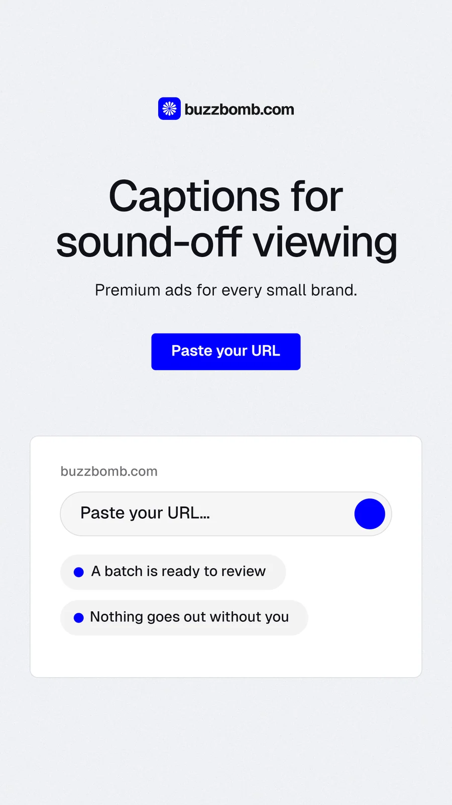 Instagram story for BuzzBomb: "Captions for sound-off viewing". Data card style, centred layout, light palette in white, blue.