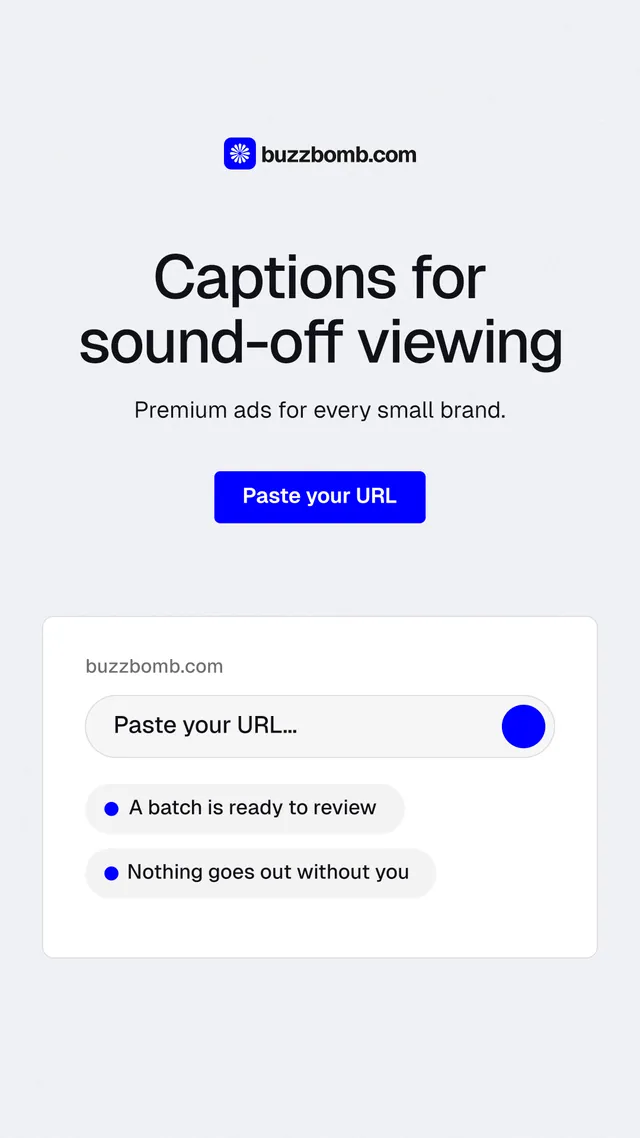 Instagram story for BuzzBomb: "Captions for sound-off viewing". Data card style, centred layout, light palette in white, blue.