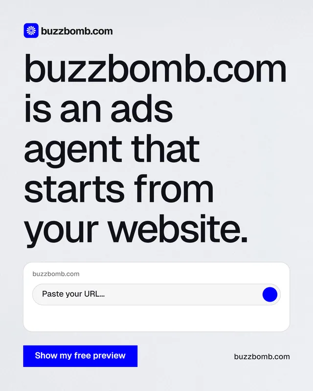 Instagram portrait post for BuzzBomb: "buzzbomb.com is an ads agent that starts from your website." Swiss style, poster layout, light palette in white, grey.