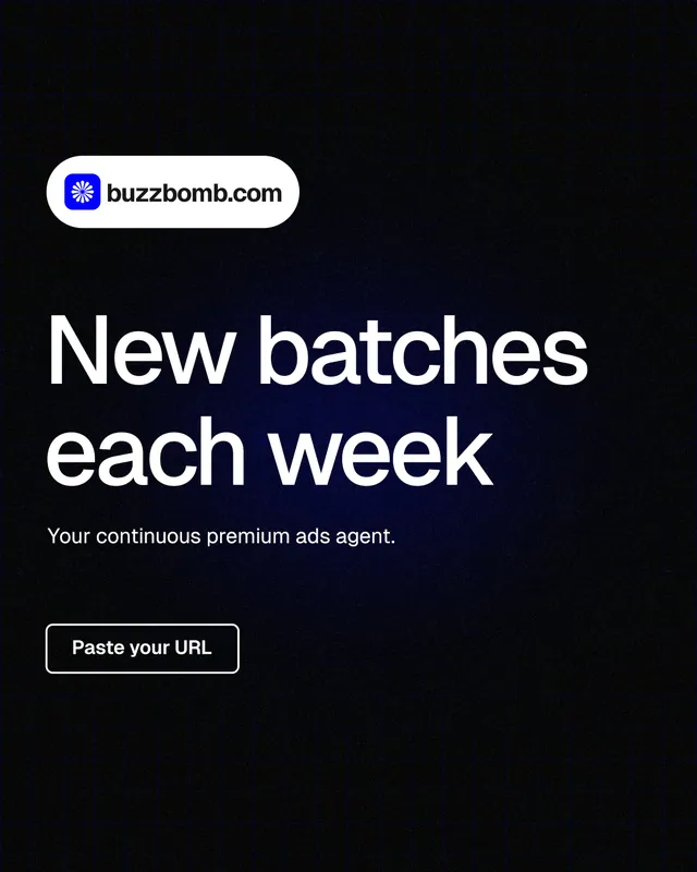 Instagram portrait post for BuzzBomb: "New batches each week". Phosphor atlas style, announce layout, dark palette in black, grey.