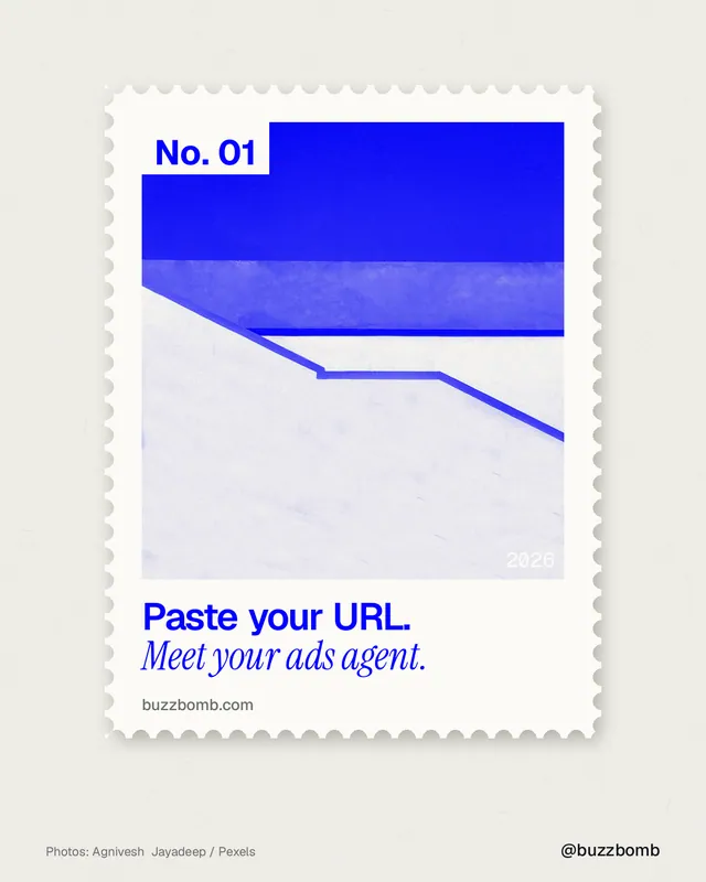 Instagram portrait post for BuzzBomb: "Paste your URL. Meet your ads agent." Single style, technique:stamp series layout, light palette in yellow, white, blue.