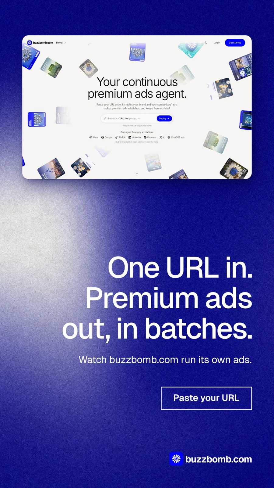 Instagram story for BuzzBomb: "One URL in. Premium ads out, in batches." Cyanotype style, right layout, dark palette in white, blue.