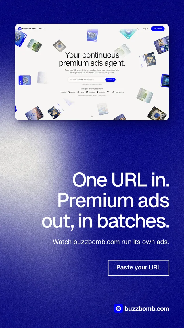 Instagram story for BuzzBomb: "One URL in. Premium ads out, in batches." Cyanotype style, right layout, dark palette in white, blue.