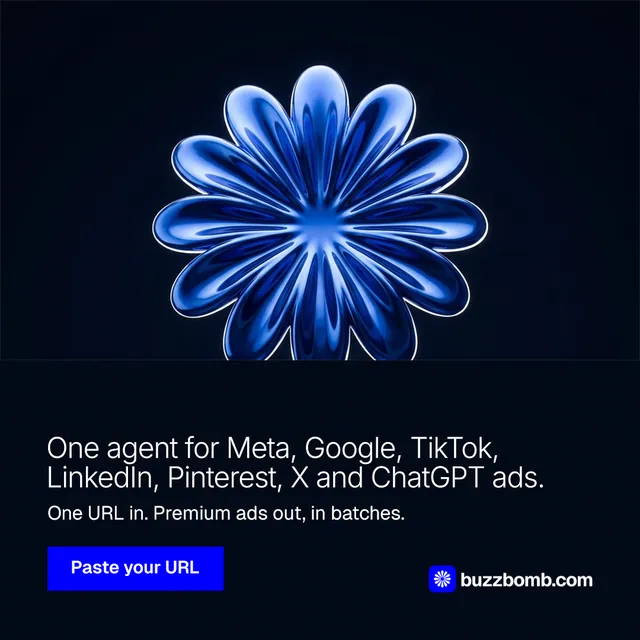 Instagram post for BuzzBomb: "One agent for Meta, Google, TikTok, LinkedIn, Pinterest, X and ChatGPT ads." Swiss style, bottom layout, dark palette in black, blue.